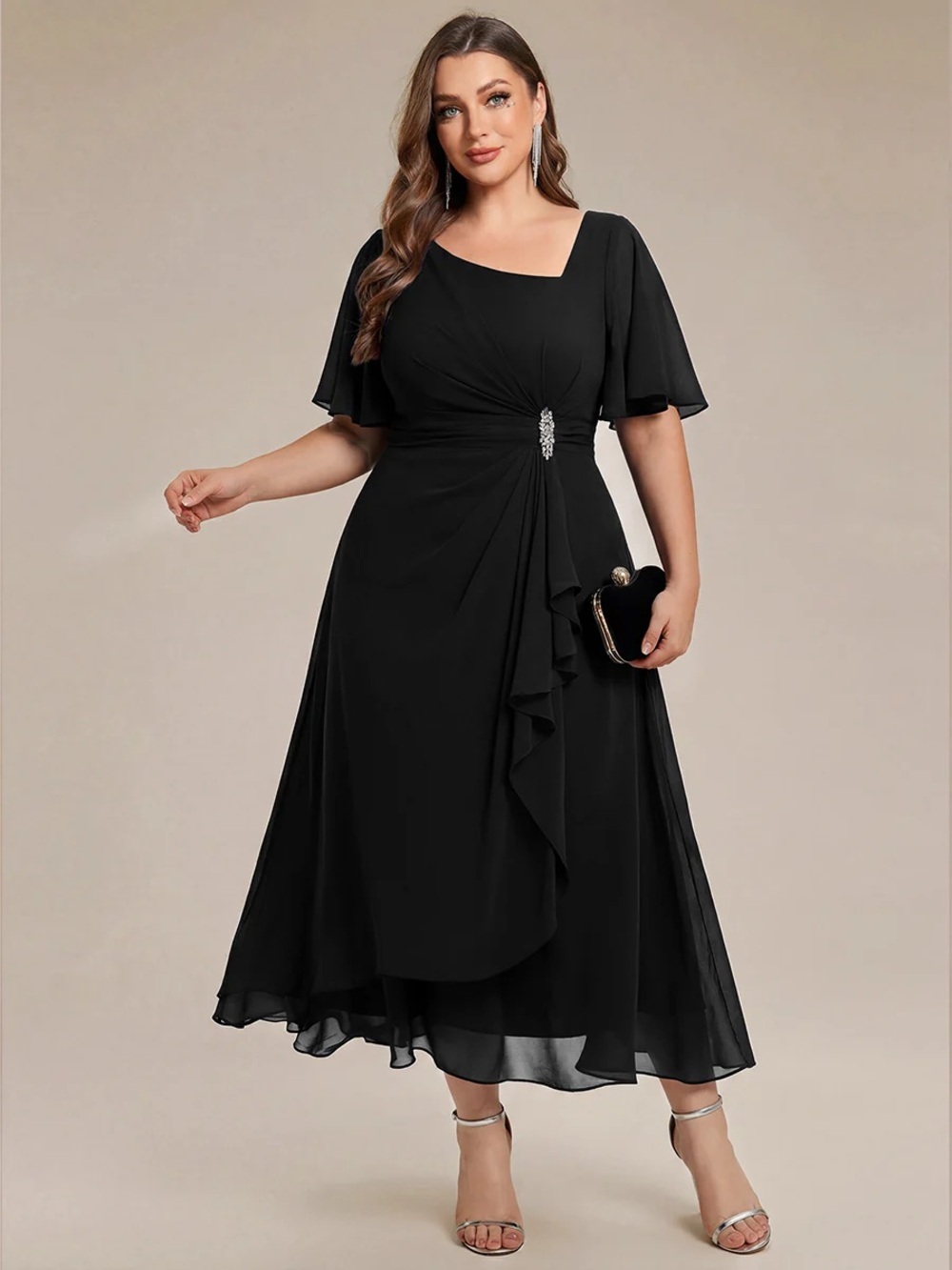 🆕 Plus Size Chiffon Ruffle Sleeve Formal Dress